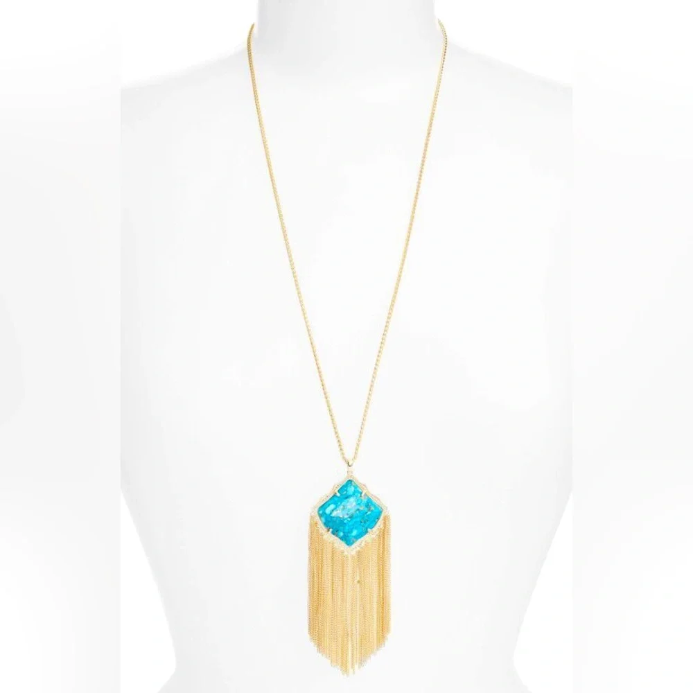 KENDRA SCOTT Kingston Gold Necklace w Turquoise  Stone Tassel Chain Pendant - Picture 9 of 12